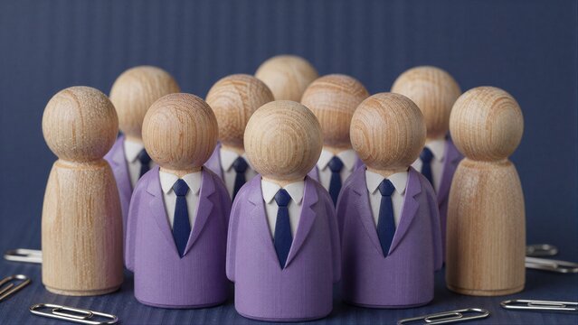 Wooden figures in purple suits symbolize team collaboration and professional unity.