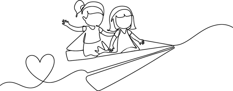 Minimalist continuous one line drawing of happy  children paper airplane  friendship and imagination vector  illustration 