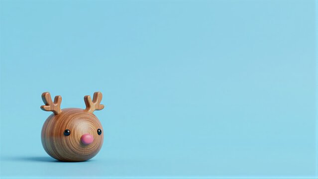 Wooden reindeer toy with pink nose on light blue background.