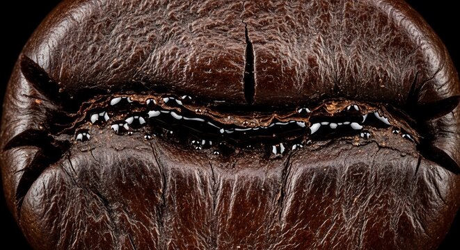 Extreme Macro Close-up of a Roasted Coffee Bean Showing Texture and Detail.