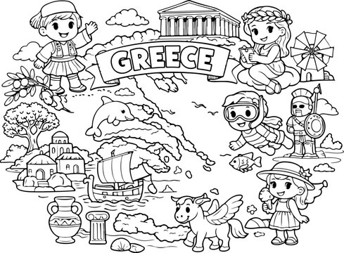 Carte de la Gr&egrave;ce, illustration dessin&eacute;e &agrave; la main, style cartoon, &agrave; colorier pour enfants