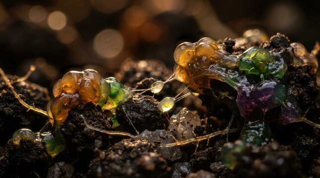 Macro microscopy view of multi-species soil bacteria in dark loam, translucent biofilm clusters, root hair fragments, and mineral grains under time-lapse lighting, showing founder cells colonizing