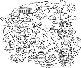 Fototapeta premium Carte de la Grèce, illustration dessinée à la main, style cartoon, à colorier pour enfants