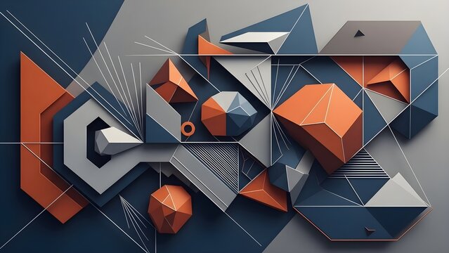 Futuristic Abstract 3D Geometric Composition Featuring Modern Architectural Structures and Polyhedral Shapes in Contrasting Blue and Orange
