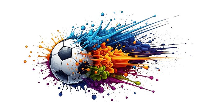 Soccer ball bursting with multi-colored paint splashes explosion abstract