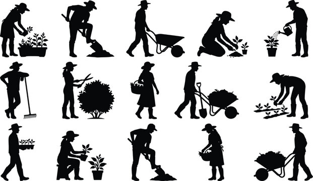 Gardening silhouette set farmers planting watering digging yard work black vector collection