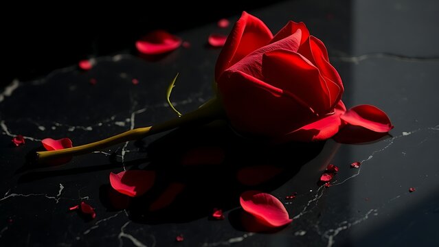 Single red rose with severed stem on polished black marble surface.
