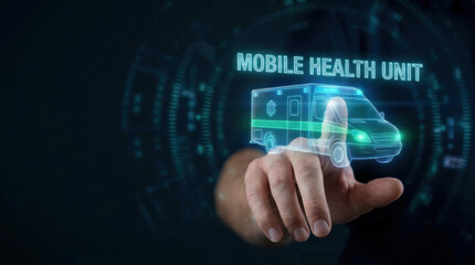 Fototapeta premium Mobile health unit concept with hand pointing at ambulance hologram promoting health equity initiatives for accessible medical care and support