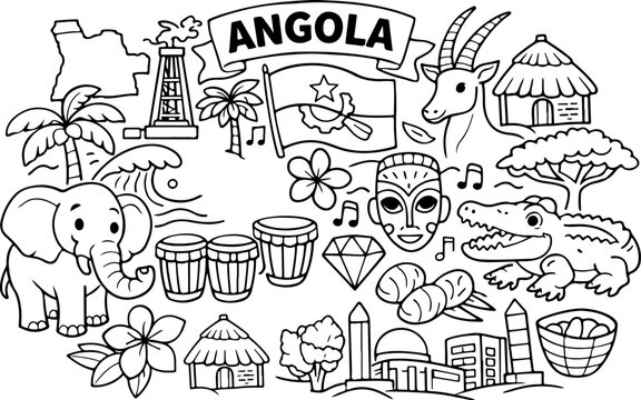 Angola, monuments, dessin au trait dessin&eacute; &agrave; la main, illustration style gribouillage, page &agrave; colorier pour enfants