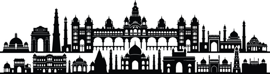 Fototapeta premium India landmarks skyline silhouette vector architecture set isolated on white background