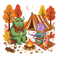 Naklejka premium Cute monster family camping in autumn roasting marshmallows by campfire