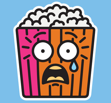 Cute funny popcorn bucket character crying and shocked vector cartoon illustration isolated on blue background for horror movie night concept.