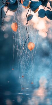 Delicate spiderweb with fallen leaves and reflections.