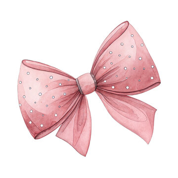 Watercolor illustration of a cute dusty pink bow with white polka dots isolated on a white background.
