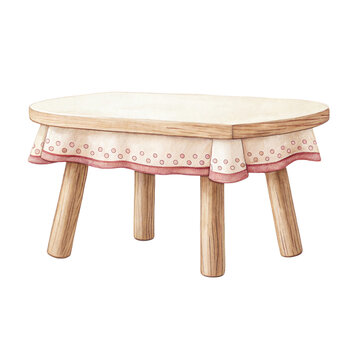 Watercolor illustration of a cute wooden table with a polka dot tablecloth isolated on a white background.