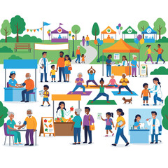 Fototapeta premium Community health fair with medical checkups yoga and healthy food stalls