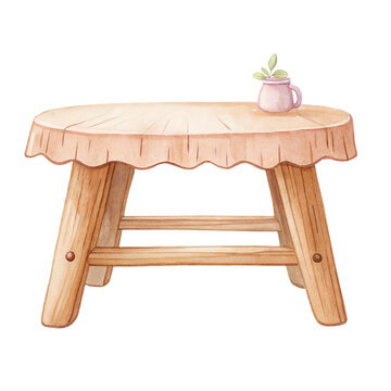 Watercolor illustration of a rustic wooden table with a tablecloth and a small mug of leaves isolated on a white background.