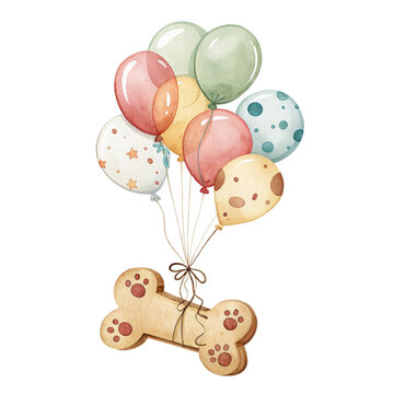 Watercolor illustration of a dog bone treat floating with colorful balloons isolated on a white background.
