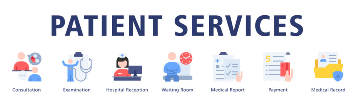 Patient Services web banner icon vector illustration covering appointment, examination, documentation and billing workflow in healthcare facilities.