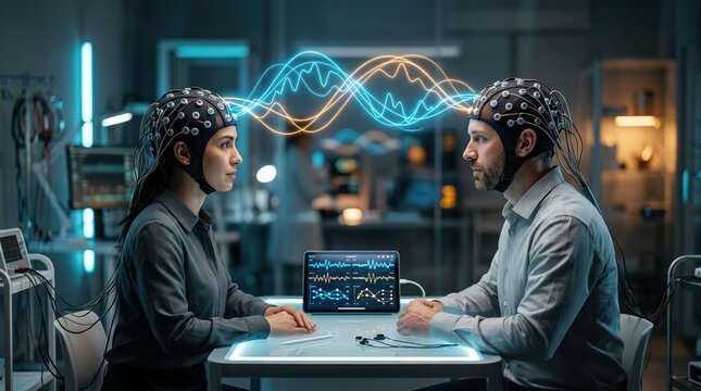 Two adults wearing EEG caps sit facing each other across a small lab table, with synchronized waveforms arching between them as neon blue and amber lines, electrode leads, and a tablet display suggest