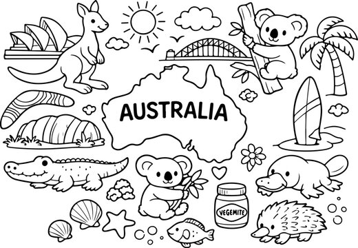 Australie, monuments du continent, dessin au trait dessin&eacute; &agrave; la main, coloriage pour enfants