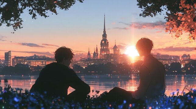 Anime Style Illustration of Two Silhouettes Sitting and Watching Sunset Over Romantic City Skyline