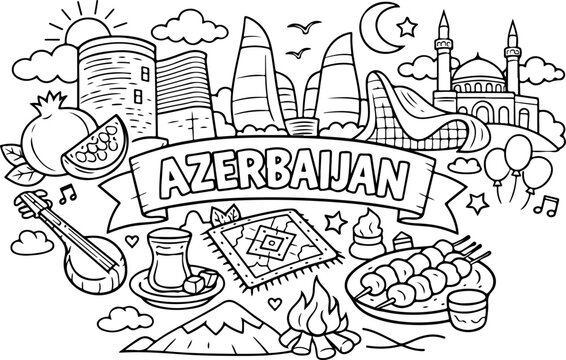 Azerba&iuml;djan, monuments embl&eacute;matiques, dessin au trait dessin&eacute; &agrave; la main, illustration style gribouillage, page &agrave; colorier pour enfants