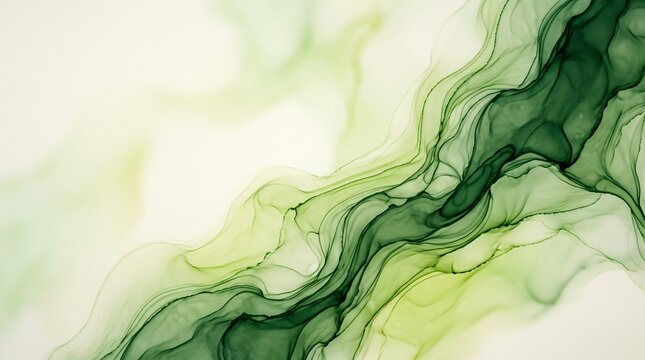 Abstract green alcohol ink flow with organic fluid textures and ethereal emerald smoke waves on white canvas for modern luxury design