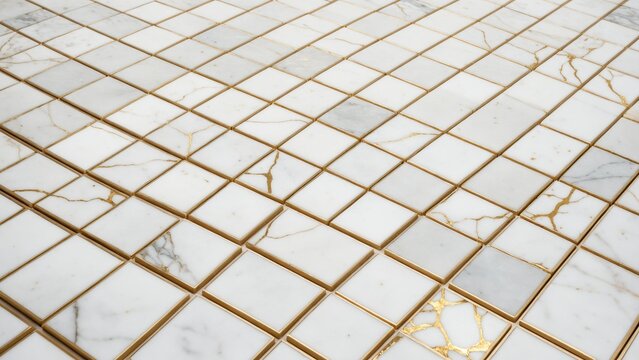 Structured geometric grid of white marble tiles with gold inlaid circuit traces
