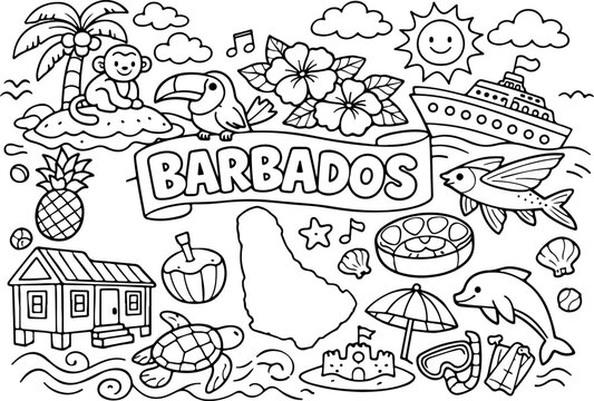 Barbade, monuments, dessin au trait dessin&eacute; &agrave; la main, illustration style gribouillage, page &agrave; colorier pour enfants