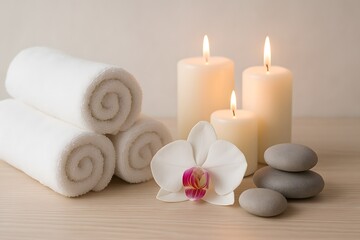 Fototapeta premium Spa still life with rolled towels, candles, orchid and stones