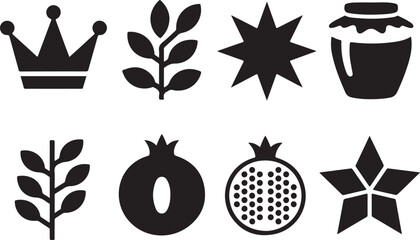 Jewish holiday symbols collection traditional rosh hashanah elements. © NOOR