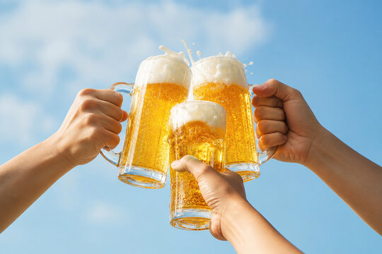青空の下で冷えた生ビールで乾杯する三人の手