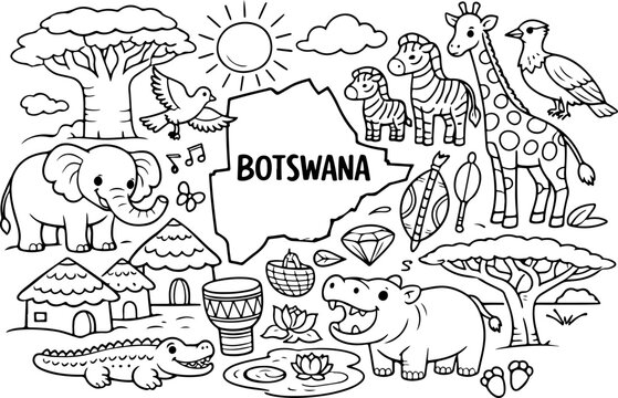Botswana, monuments, dessin au trait dessin&eacute; &agrave; la main, illustration style gribouillage, page &agrave; colorier pour enfants