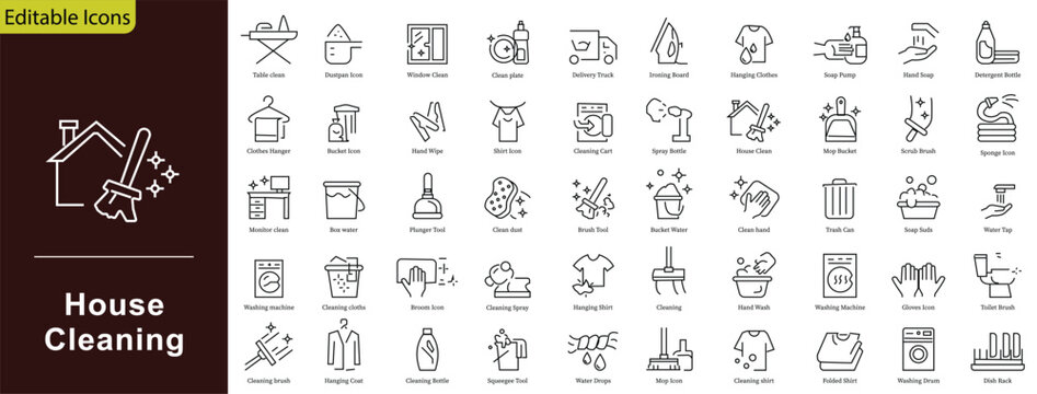 House Cleaning icon set. Containing domestic housekeeping, sanitize detergent, washing spray, vacuum floor care, hygiene service, and home maintenance. Editable stroke. Vector illustration