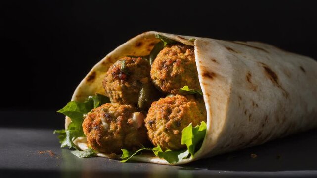 Delicious Falafel Wrap with Fresh Lettuce on Dark Background