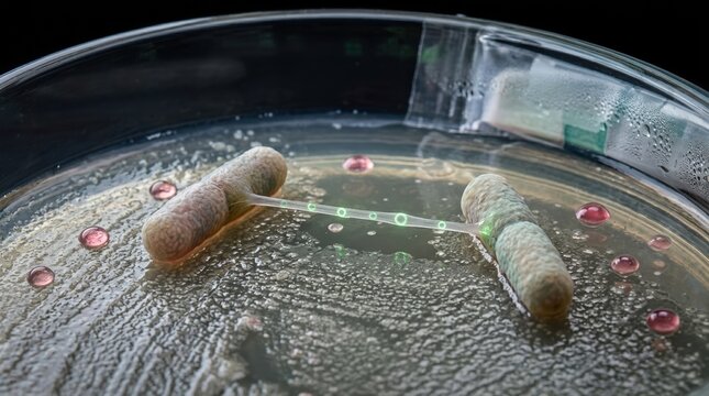 Inside an oxygen-free chamber, rod-shaped bacteria connect through a thin conjugation pilus while circular plasmids glow between cells; agar surface texture, sealed jar.