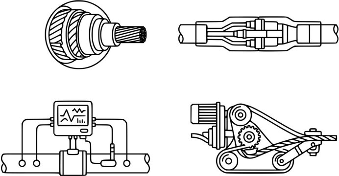 Black and White Line Art Industrial Engineering Components Set: Cable, Splice, Flow Meter, Winch Technical Diagrams