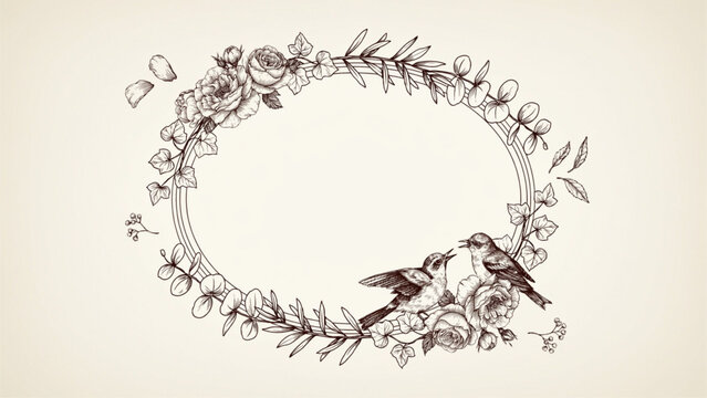 Black and white bird perched on a delicate floral wreath illustration Vector