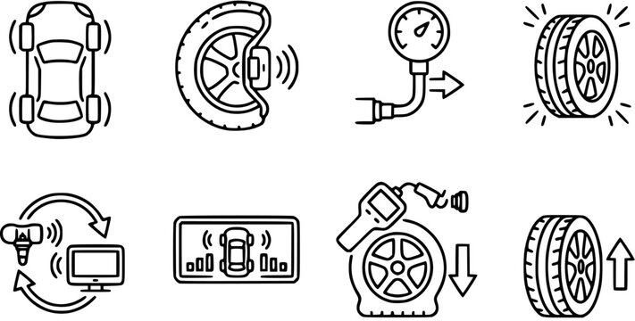 Automotive Tire Pressure Monitoring System Icons: TPMS sensors, gauge, inflation, deflation, car display