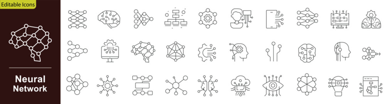 Neural Network icon set containing artificial brain intelligence deep machine learning cyber algorithm connection data science logic modeling and technology computer network
