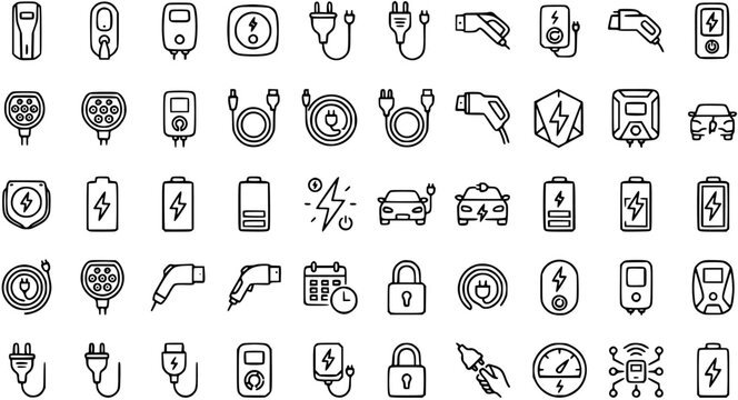 Electric Vehicle Charging and EV Car Icons Set - Black  White Line Art for Automotive Energy and Green Transportation