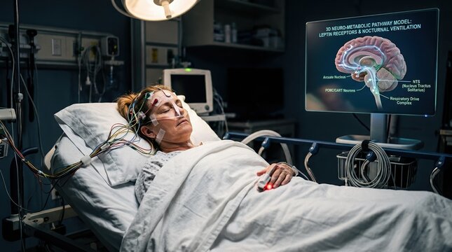 Clinical sleep-study scene with a patient on a cot, pulse oximeter clip, nasal cannula, EEG leads, and a nearby 3D anatomy screen showing leptin receptors and neurotransmitter pathways, linking