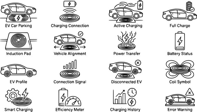 Electric Vehicle Wireless Charging Icons: EV Parking, Connection, Power Transfer, Battery Status, Line Art