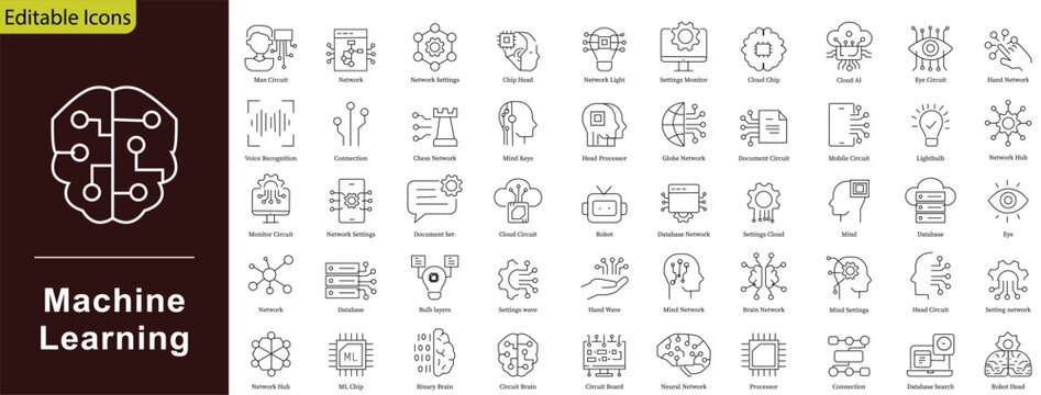 Machine Learning icon set containing artificial intelligence modeling big data analytics algorithm computation code deep network optimization and computer training automation