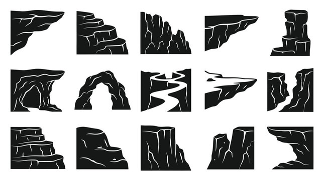 Black and White Cave, Cliff, Arch Rock Formations Vector Icons Set
