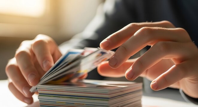 Close-up of hands sorting through a stack of cards showcasing organization and selection.