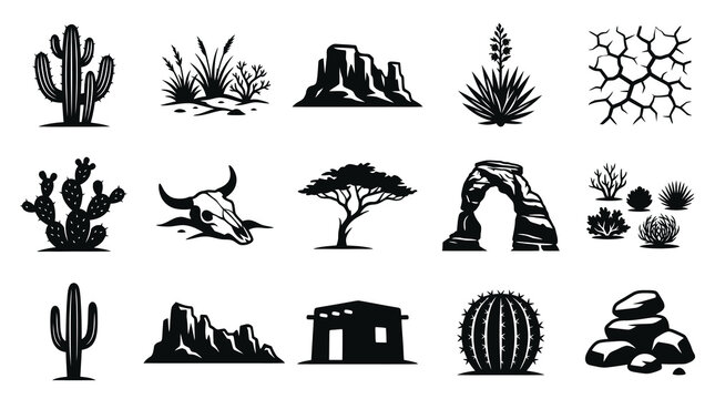Desert Landscape Icons: Cacti, Skull, Rocks, Arches, Mountains  Dry Ground - BW Vector Art