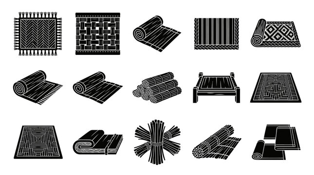 Black and White Glyph Icons of Rugs and Mats, Various Types and Rolls