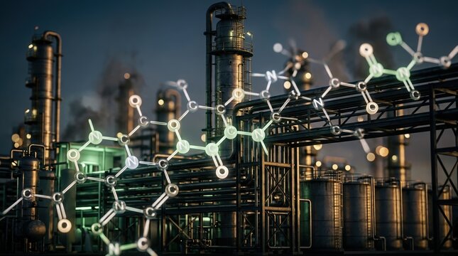 Double exposure of a polymer plant: distillation columns, pipe racks, and storage tanks merge with an abstract molecular lattice of urethane linkages and carbon backbones. Smoke veils, soft green